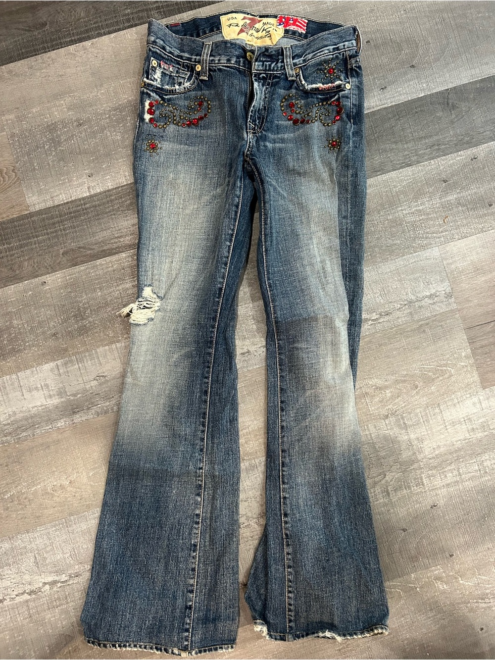 Vintage Y2K 7 For All Mankind Blue Flare Jeans with Red Stud Detail